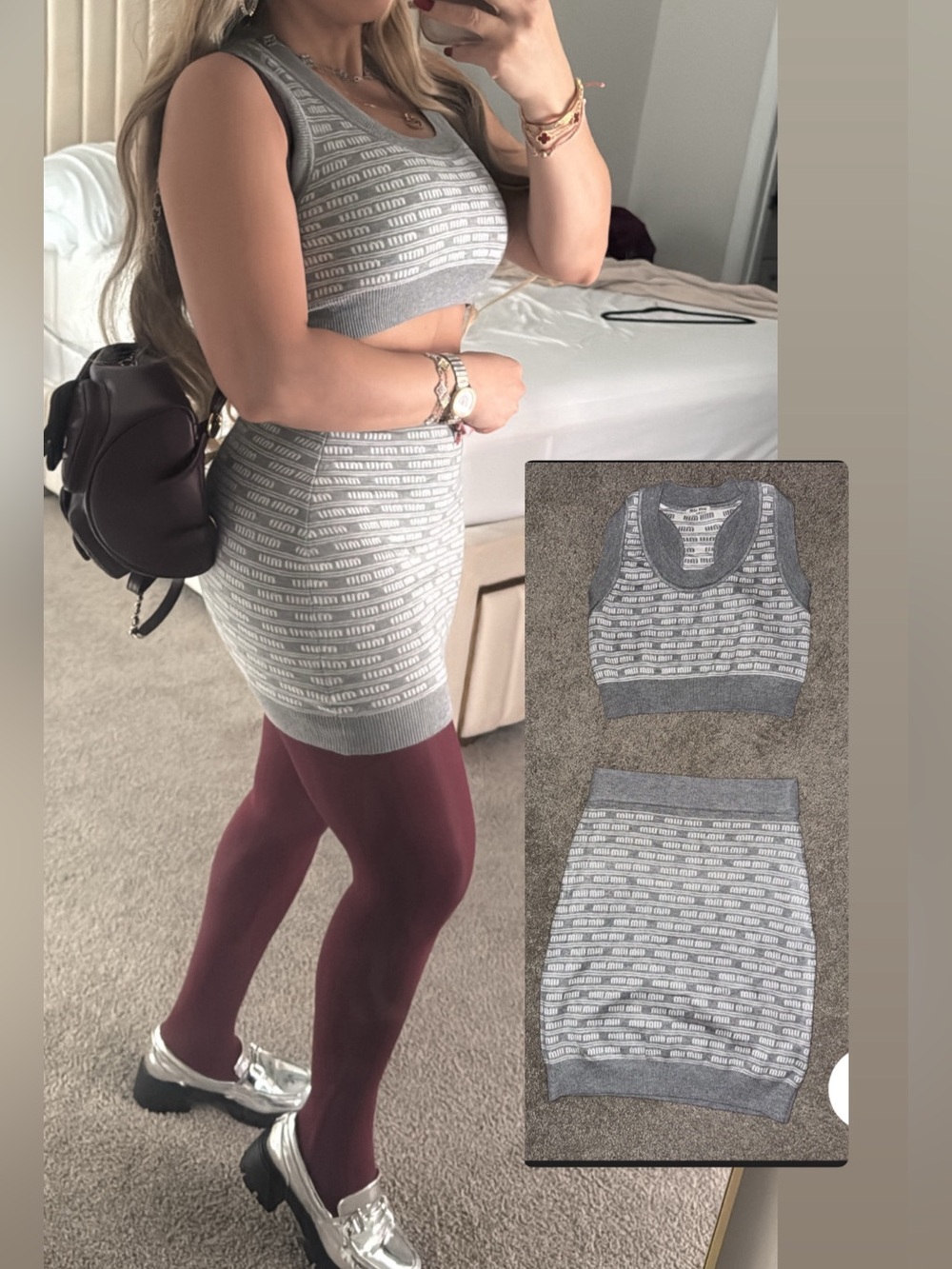 Miu Miu Gray and White Logo Knit Cropped Tank Top